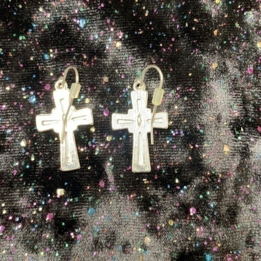 Silver Cross Earrings with Crystals